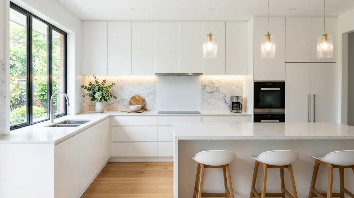Finish with a pairing that feels custom, not default inspiration for a white kitchen with a backsplash feature.